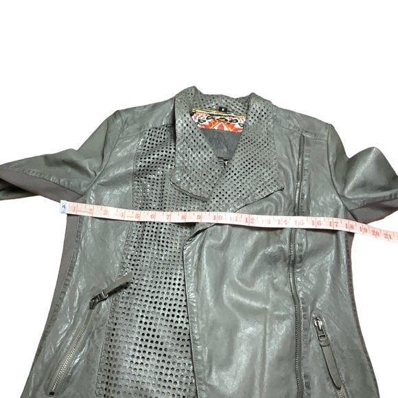 BANO EEMEE Genuine Leather Moto Jacket Zip Pockets Grey / Green Colour US Sz 6 - Picture 5 of 11